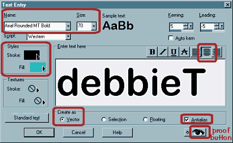 vector text dialog box -- use these settings