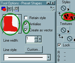 Shape Tool Options and Color palette